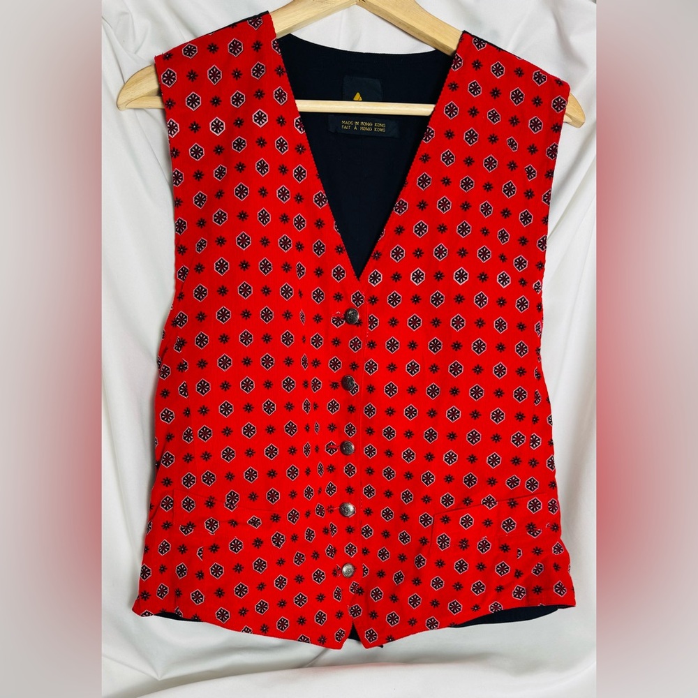 Liz Claiborne Sport Vintage 80s Red Print Cotton Vest | Size L - Vintage